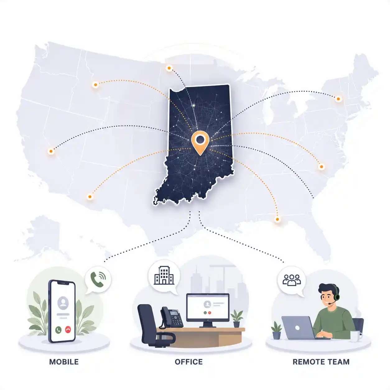 Indiana state outline with icons for mobile, office, remote team and call center connected to a central phone pin